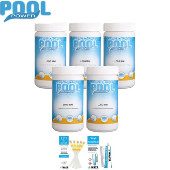 Klortabletter til svømmebassiner - Poolpower - 5 kg & WAYS Reparationssæt og teststrimler