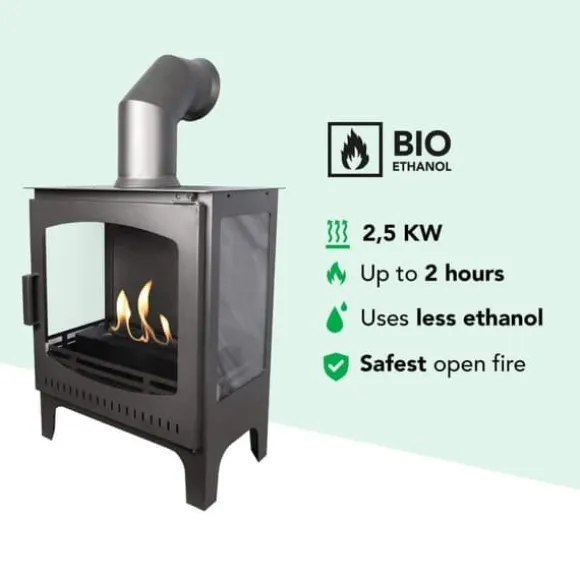 Komfur bioethanol komfur - Fritstående model pejs af metal og glas - Opvarmning 2,5 KW