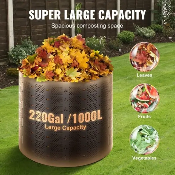 Kompostbeholder 220 gallon, udendørs, udvidelig, nem at opstille, rummelig med hurtig produktion af frugtbar jord.