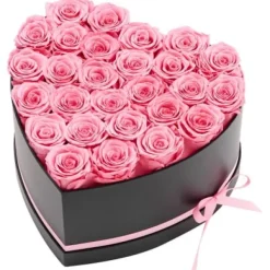 Konserveret Rosebuket, 27 Roser Hjerteæske, 223x230x140 mm, Lyserød