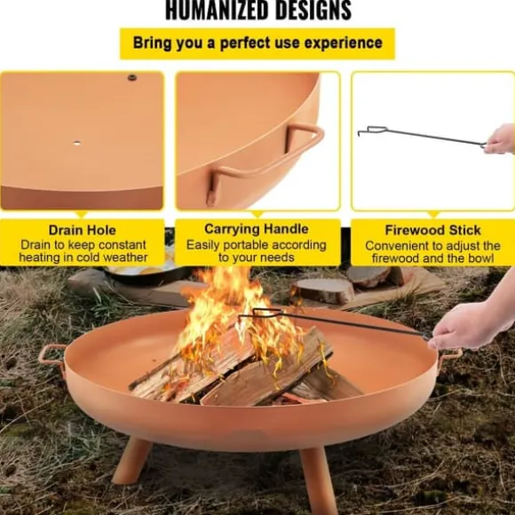 Kulsotåls bålskål, 30" dyb, til udendørs brug. Perfekt til terrasser, camping og haver. Inkluderer drænhul og bærbare håndtag.