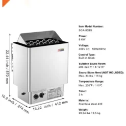 8KW Elektrisk Saunavarmer, Indbygget Kontrol, Rustfrit Stål, til 8-12 m³ HomeSpa, Effektiv Opvarmning, Energibesparende