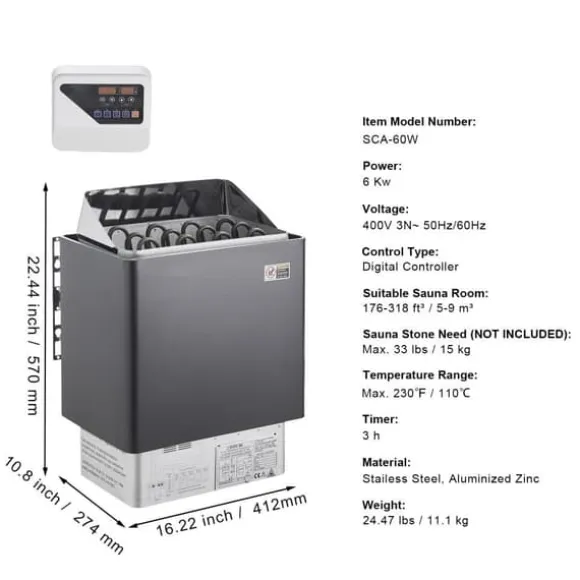 6KW Elektrisk Saunavarmer, Digital Controller, Ideel til 5-9 m³ Home Spa, effektiv opvarmning, energieffektivisering
