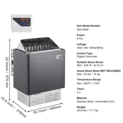 8KW Elektrisk Saunavarmer, Digital Controller, Til 8-12 m³, Ideel til hjemme spa, Effektiv og energieffektiv varmeenhed
