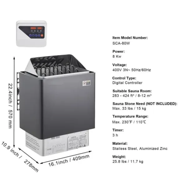 8KW Elektrisk Saunavarmer, Digital Controller, Til 8-12 m³, Ideel til hjemme spa, Effektiv og energieffektiv varmeenhed
