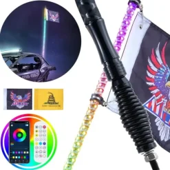 LED Piskelygte med Spiral Antenne 1 stk 3FT RGB, Fjernbetjening via App.