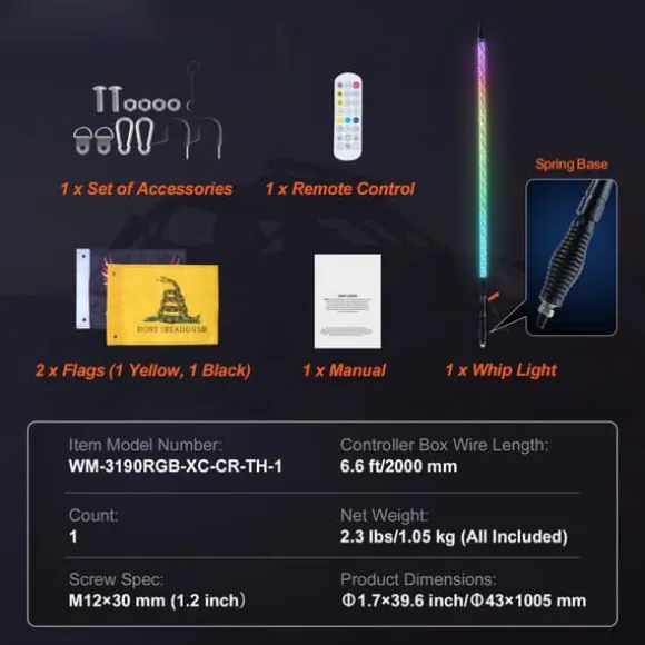 LED Piskelygte med Spiral Antenne 1 stk 3FT RGB, Fjernbetjening via App.