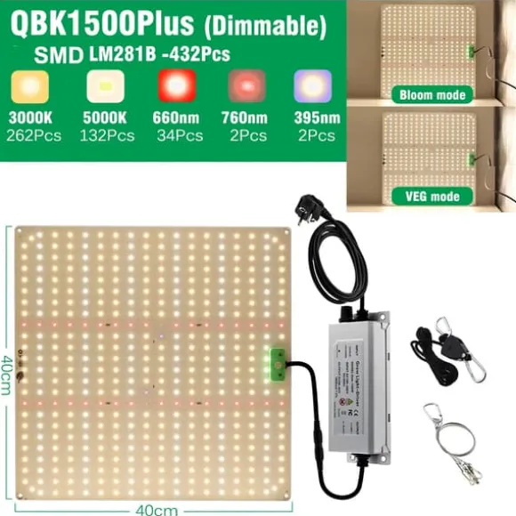 LED Vækstlys, Fuldt Spektrum, Dæmpbare Funktioner,QBK1500PLUS DIM, EU