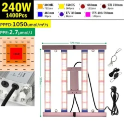 LED Vækstlys Panel, Dæmpbar Lysstyrke, Høj PPFD Ydelse,240W