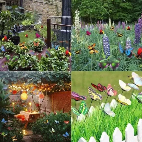 Lollanda 10 stk sommerfuglepynt + 24 stk guldsmede 3D havepynt til udendørs brug, planter, urtepotter, terrasse og havedekoration