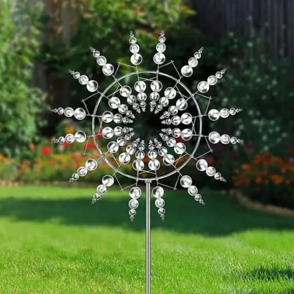 Lollanda 3D Metal Wind Wheel til have, solcelledrevet, rustfrit stål, stabil, støjsvag, dekorativ til terrasse og græsplæne