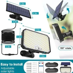 Lollanda solcelleforlygte, udendørs solcellelampe med bevægelsessensor – vandtæt, 190 LED, 3 tilstande, væglampe til have og indkørsel