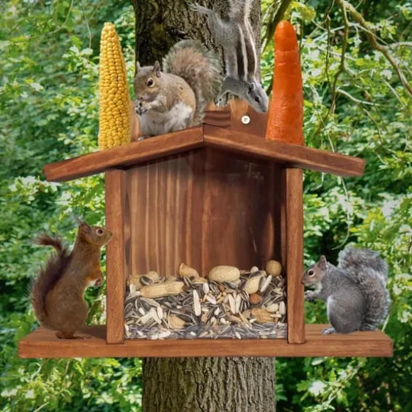 Lollanda Squirrel Feeder – Udendørs Egernfoderstation, Træ Egernfoder, holdbar og nem at fylde, med aftageligt frontpanel