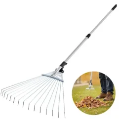 Løvrive - Teleskopisk haverive - 15 Metaltænder - Justerbar bredde 19–57 cm - Teleskopskaft 81,3–160 cm - Rustfrit stål - Til løv og græsplæne