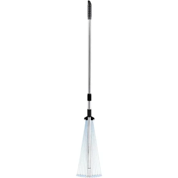 Løvrive - Teleskopisk haverive - 15 Metaltænder - Justerbar bredde 19–57 cm - Teleskopskaft 81,3–160 cm - Rustfrit stål - Til løv og græsplæne