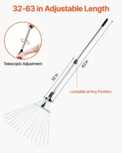Løvrive - Teleskopisk haverive - 15 Metaltænder - Justerbar bredde 19–57 cm - Teleskopskaft 81,3–160 cm - Rustfrit stål - Til løv og græsplæne