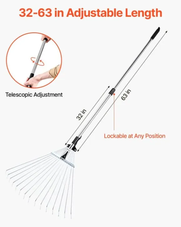 Løvrive - Teleskopisk haverive - 15 Metaltænder - Justerbar bredde 19–57 cm - Teleskopskaft 81,3–160 cm - Rustfrit stål - Til løv og græsplæne