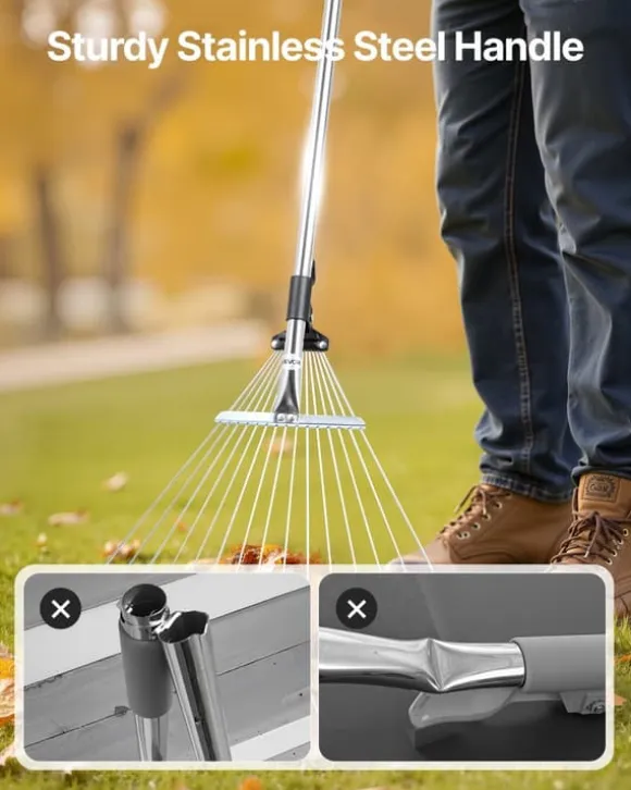 Løvrive - Teleskopisk haverive - 15 Metaltænder - Justerbar bredde 19–57 cm - Teleskopskaft 81,3–160 cm - Rustfrit stål - Til løv og græsplæne