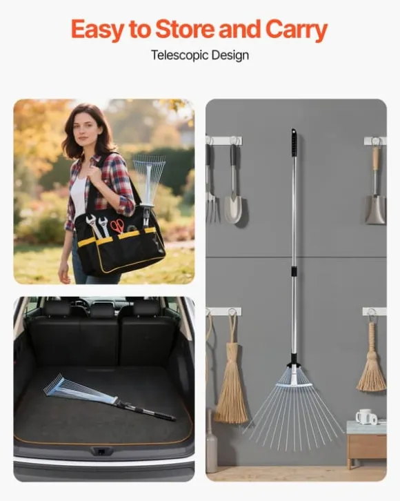 Løvrive - Teleskopisk haverive - 15 Metaltænder - Justerbar bredde 19–57 cm - Teleskopskaft 81,3–160 cm - Rustfrit stål - Til løv og græsplæne