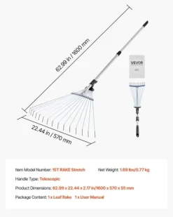 Løvrive - Teleskopisk haverive - 15 Metaltænder - Justerbar bredde 19–57 cm - Teleskopskaft 81,3–160 cm - Rustfrit stål - Til løv og græsplæne