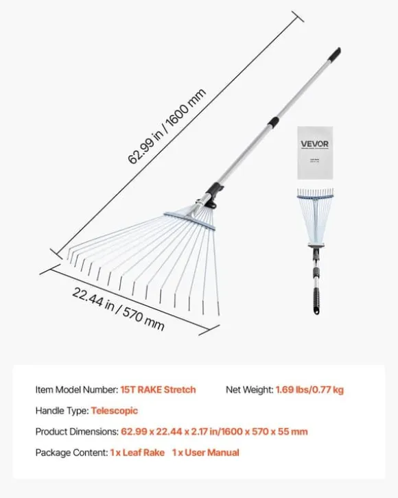 Løvrive - Teleskopisk haverive - 15 Metaltænder - Justerbar bredde 19–57 cm - Teleskopskaft 81,3–160 cm - Rustfrit stål - Til løv og græsplæne