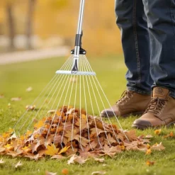 Løvrive - Teleskopisk haverive - 15 Metaltænder - Justerbar bredde 19–57 cm - Teleskopskaft 81,3–160 cm - Rustfrit stål - Til løv og græsplæne