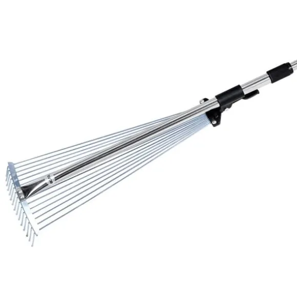 Løvrive - Teleskopisk haverive - 15 Metaltænder - Justerbar bredde 19–57 cm - Teleskopskaft 81,3–160 cm - Rustfrit stål - Til løv og græsplæne