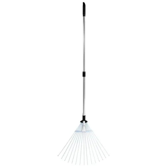 Løvrive - Teleskopisk haverive - 15 Metaltænder - Justerbar bredde 19–57 cm - Teleskopskaft 81,3–160 cm - Rustfrit stål - Til løv og græsplæne