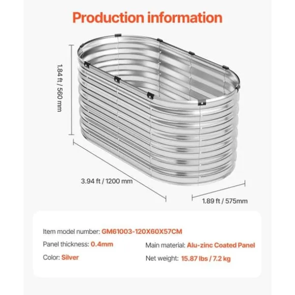 Metal Hævet Haveseng, 4x2x2 Fod, Galvaniseret Plantekasse, Holdbar, Velegnet til Udendørs Brug, Sølvfinish