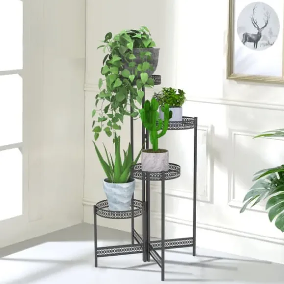 Metal Plante Stativ, Foldbar, Høj Blomsterpotte Holder, 4 TierBlack