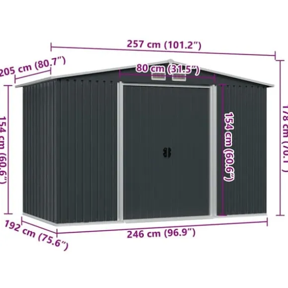 Metalskur til haven - Opbevaring af værktøj | Størrelse: 257x205x178 cm | Farve: Antracitgrå