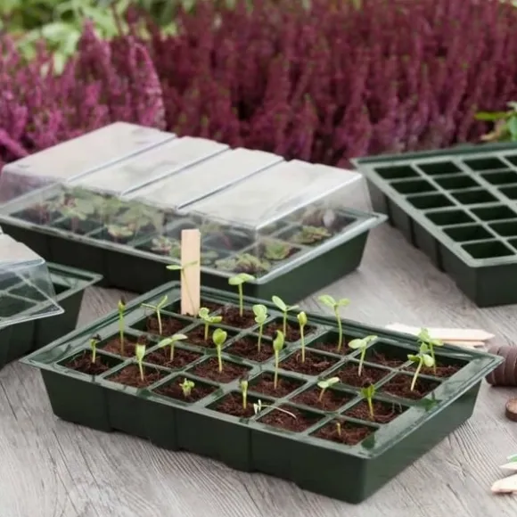 Mini drivhus - NATURE - Sæt med 4 fleksible plastikterriner - bakker med 24 celler - H11x35x23,5 cm
