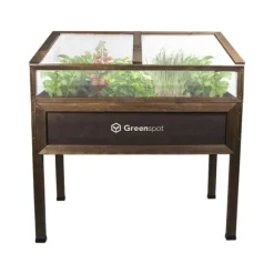 Mini drivhus med overdækning til altan og terrasse 110x55x120 cm Greenspot - Drivhus på træplatform, Hævet træbed, Kold ramme med overdækning på høje | CDON