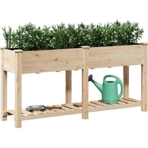 Moderne blomsterkrukke i massiv fyrretræ med hylde | Størrelse: 161x43x76.5 cm | Farve: Beige