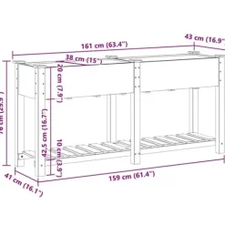 Moderne blomsterkrukke i massiv fyrretræ med hylde | Størrelse: 161x43x76.5 cm | Farve: Beige