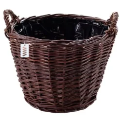 Mørk flettet gårdkurv til høst af frugt, grøntsager, kartofler, urtepotte, ballon, 30 cm, jute, fastgjort med stropper