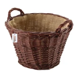 Mørk flettet gårdkurv til høst af frugt, grøntsager, kartofler, urtepotte, ballon, 45 cm, jute, fastgjort med stropper