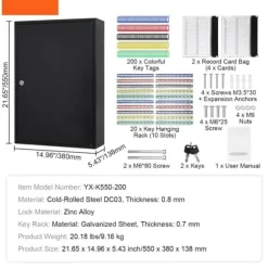 200-nøgler skabsnøglelåseboks med justerbare stativer og farverige nøgleringe, ideel til organisering.