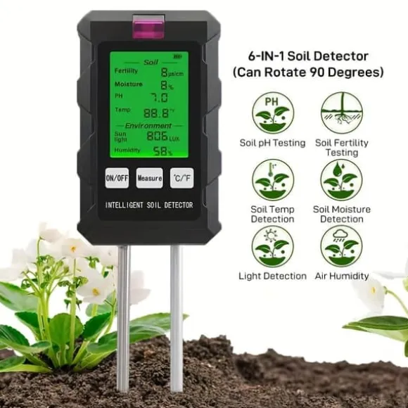 OBOSOE 6-i-1 digital jordtester – LCD-skærm med baggrundsbelysning, måler fugtighed, pH, temperatur, sollys, fugtighed, næringsstoffer