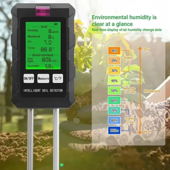 OBOSOE 6-i-1 digital jordtester – LCD-skærm med baggrundsbelysning, måler fugtighed, pH, temperatur, sollys, fugtighed, næringsstoffer