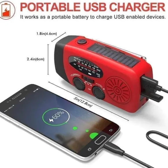 OBOSOE Krank Radio med Solceller, Lommelygte og 2000mAh Powerbank SOS, Rød