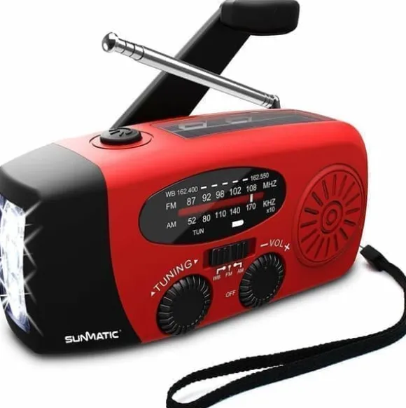 OBOSOE Krankradio med solceller, LED lommelygte og 2000mAh Powerbank SOS SUNMATIC - Vejrradio til hjemmet og camping nødsituationer med AM/FM radio