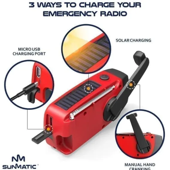 OBOSOE Krankradio med solceller, LED lommelygte og 2000mAh Powerbank SOS SUNMATIC - Vejrradio til hjemmet og camping nødsituationer med AM/FM radio