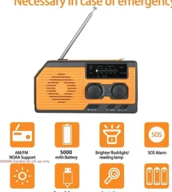 OBOSOE Nødradio Håndsvingsradio 5000mAh med solcelle & NOAA, vejrradio med LED lommelygte til camping