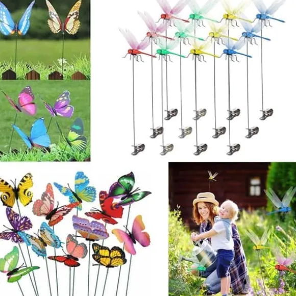 OBOSOE 52-pak havedekoration – 3D PVC sommerfugle på pinde og guldsmede med clips, til udendørs blomster- og altandekoration