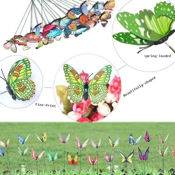 OBOSOE 52-pak havedekoration – 3D PVC sommerfugle på pinde og guldsmede med clips, til udendørs blomster- og altandekoration