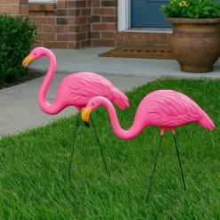 OBOSOE 2-pak lyserøde flamingo havepynt – 60 cm plastikstatuer til udendørs dekoration