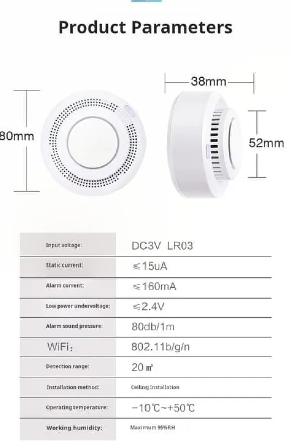 OBOSOE Smart WiFi røgdetektor – trådløs røgalarm med app-meddelelse (batteri medfølger ikke)