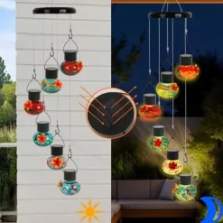 OBOSOE Solar Hummingbird Feeder med vindklokke – 6 lækagesikre glasdøre, matteret design og flerfarvet natlys