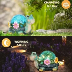OBOSOE Solar Lamp Turtle Udendørs Statue – Havedekoration med revnet glas til terrasse